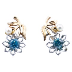 Retro 9ct Yellow & White Gold Aquamarine & Pearl Stud Earrings