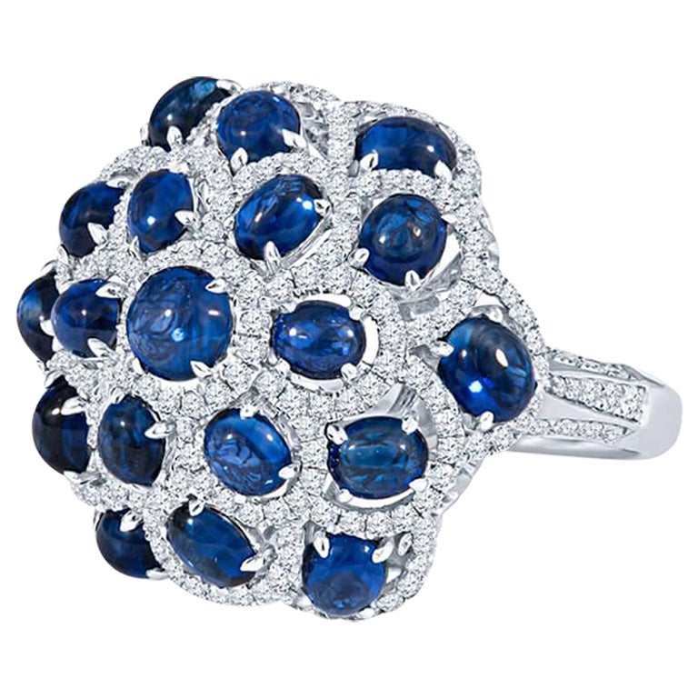 Cabochon Blue Sapphire and Diamond Cocktail Ring in 18KT White Gold
