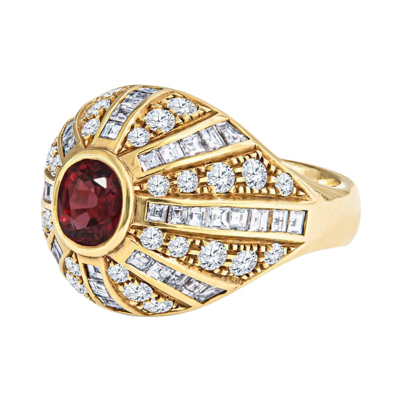 Ruby and Diamond Dome Style Ring in 18KT Yellow Gold For Sale