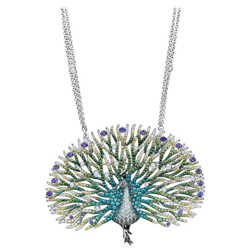 14.54 Carat Multi Colored Diamond Peacock Necklace and Brooch For Sale