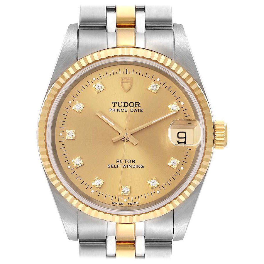Tudor Prince Date Steel Yellow Gold Diamond Mens Watch 72033 Unworn For Sale