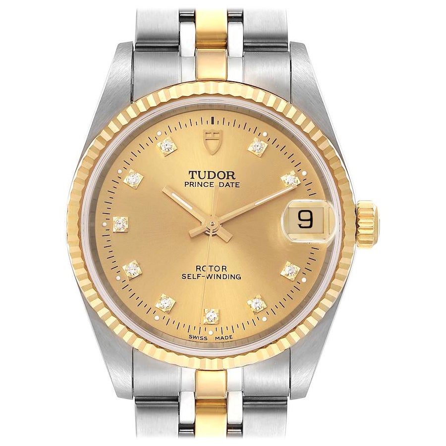 Tudor Prince Date Steel Yellow Gold Diamond Mens Watch 72033 Unworn