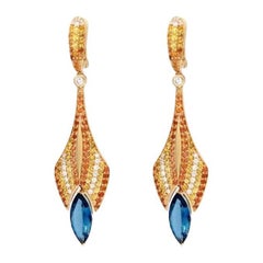 Designer Yellow Sapphire Topaz White Diamond Yellow Gold 18K Dangle Earrings