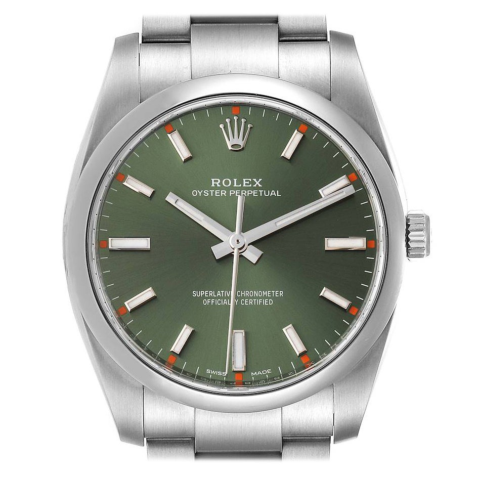 Rolex Oyster Perpetual Olive Green Dial Steel Watch 114200 Box Card