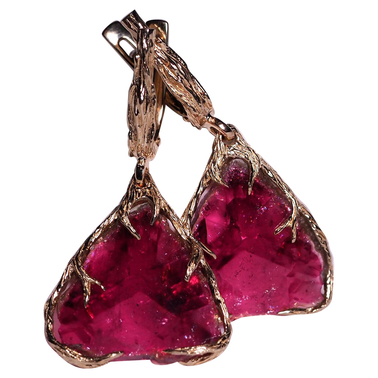 Rubellite Earrings Gold Natural Red Pink Tourmaline Gemstone Art Nouveau Style For Sale