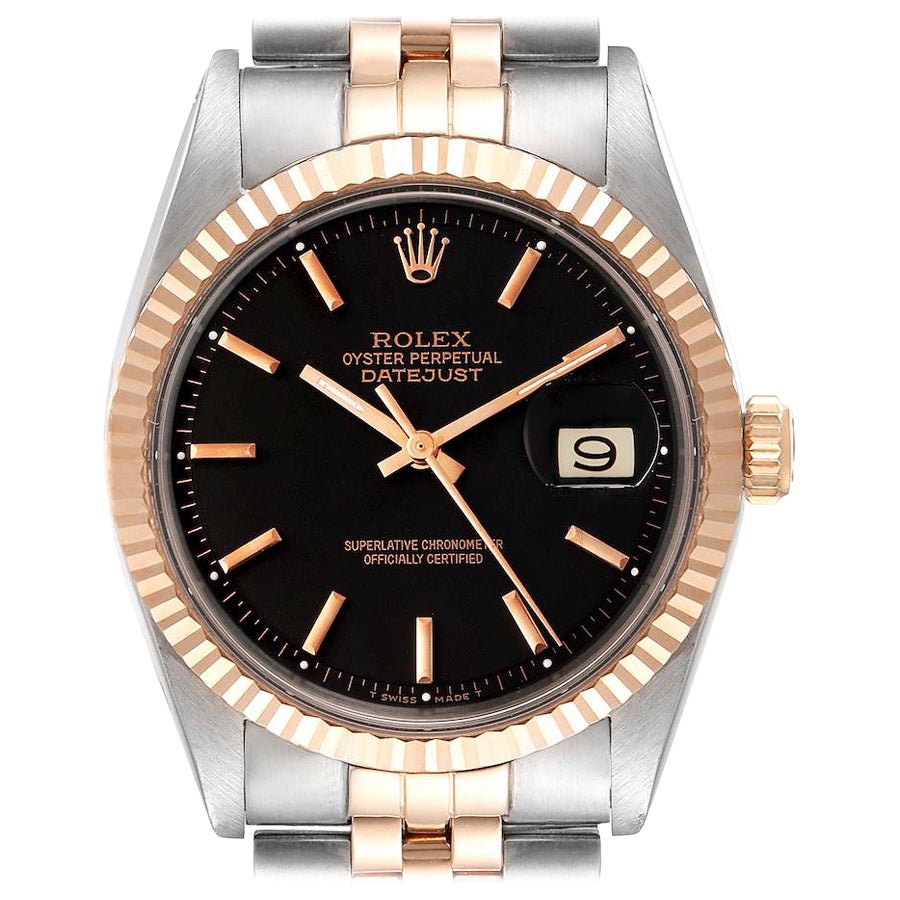 Rolex Datejust Steel Rose Gold Black Dial Vintage Mens Watch 1601 For Sale