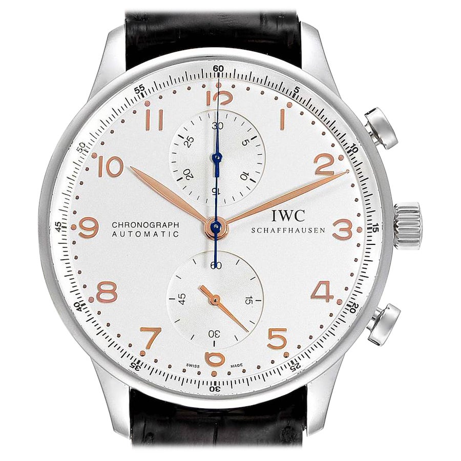 IWC Portuguese Chronograph Silver Dial Steel Mens Watch IW371401 Box Card For Sale