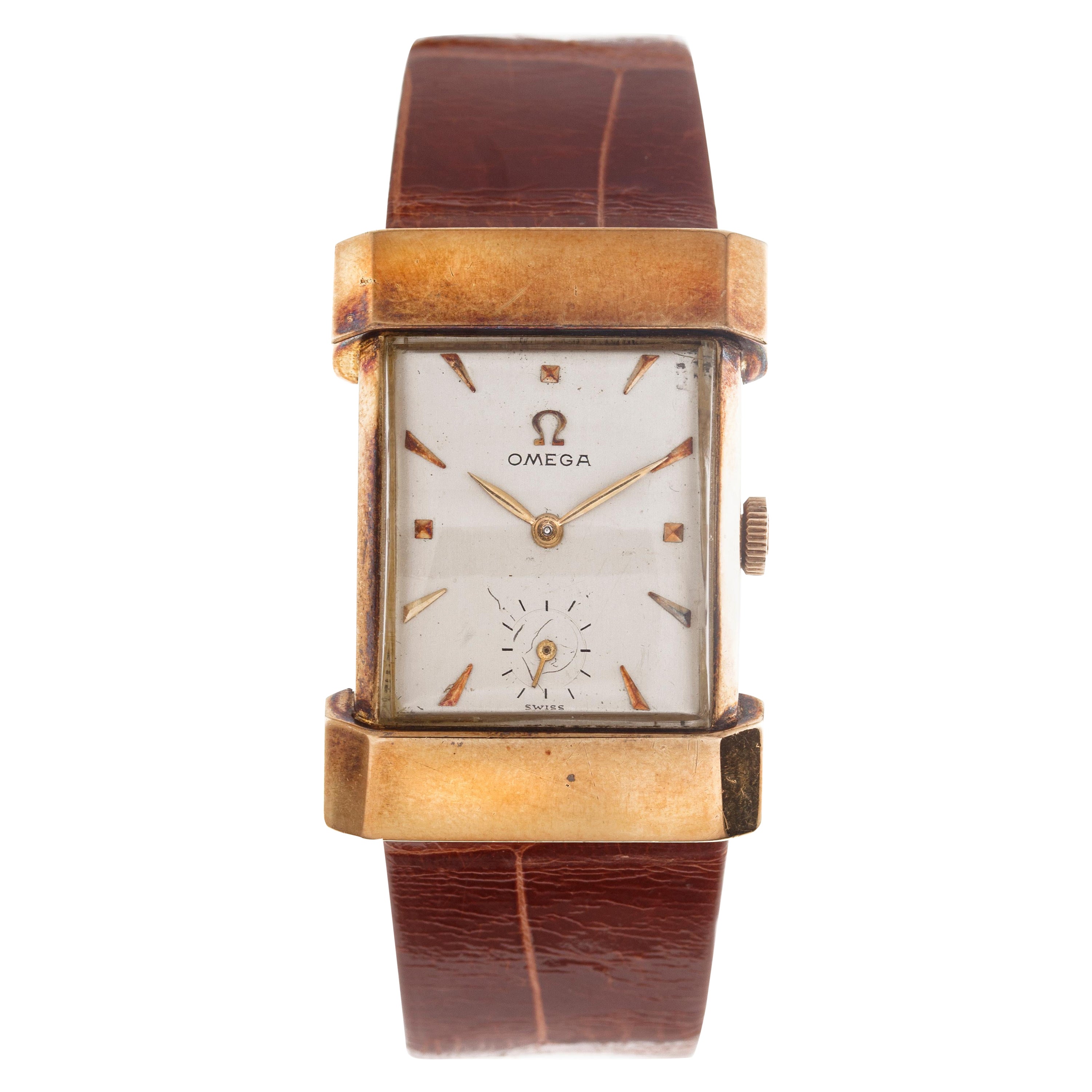 Omega Wrist Watch "Cinesino" Squared Shaped 18 Carat Yellow Gold White Dial For Sale