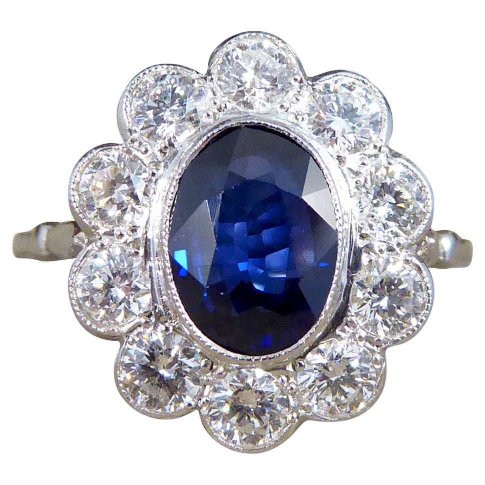 2.07ct Sapphire and 0.95ct Total Diamond Cluster Ring in Platinum