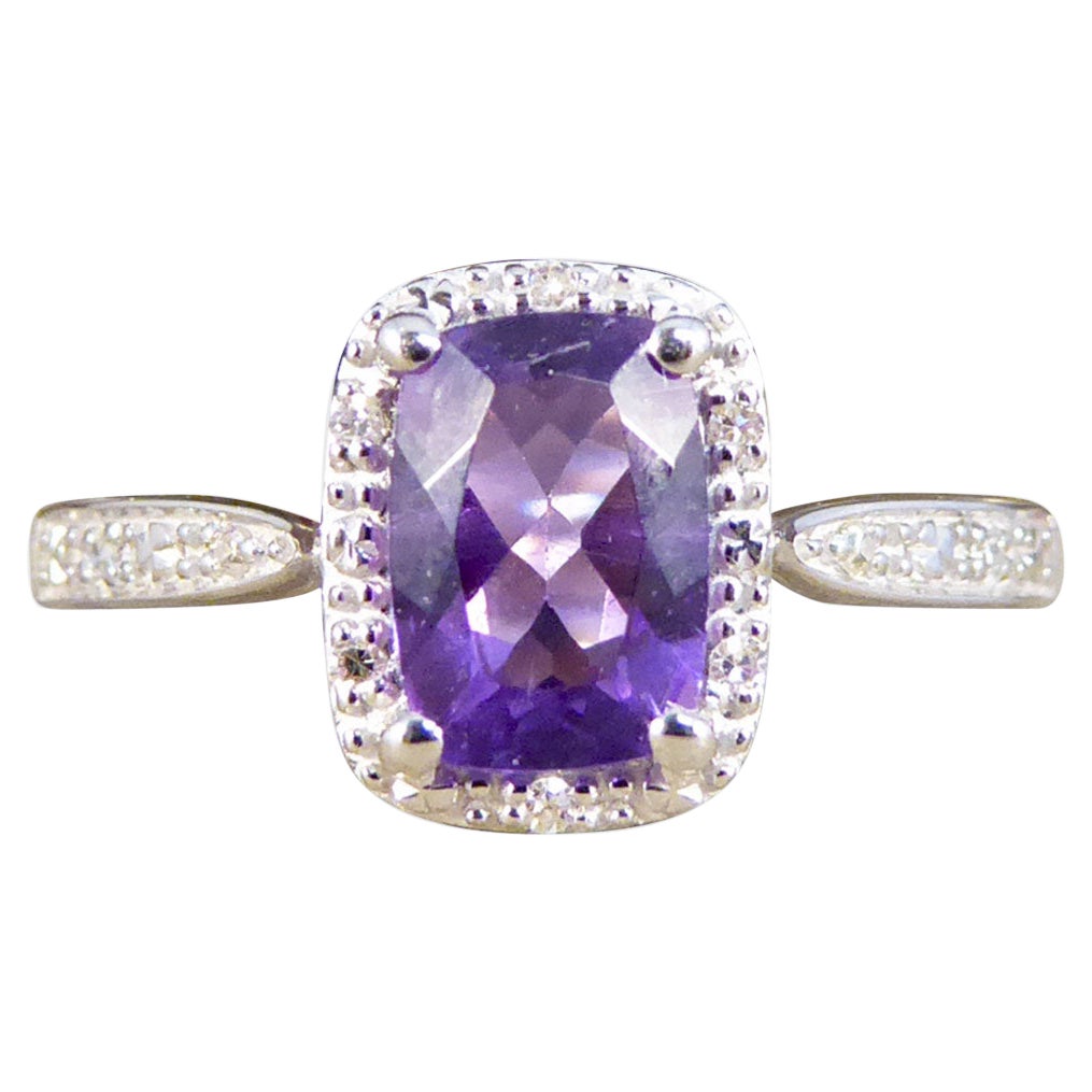 Amethyst and Diamond Illusion Halo Cluster Ring in White Gold For Sale