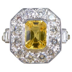 Contemporary Art Deco Style Yellow Sapphire and Diamond Cluster Ring in Platinum