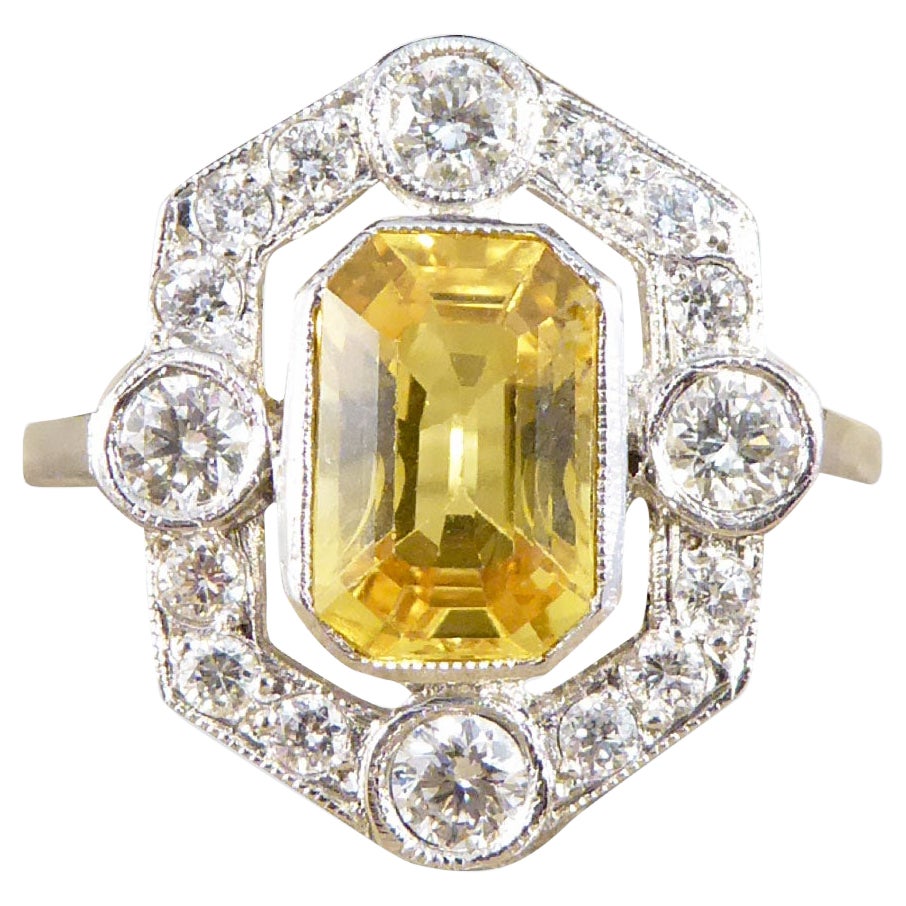 Art Deco Style 1.25ct Yellow Sapphire and Diamond Halo Ring in Platinum