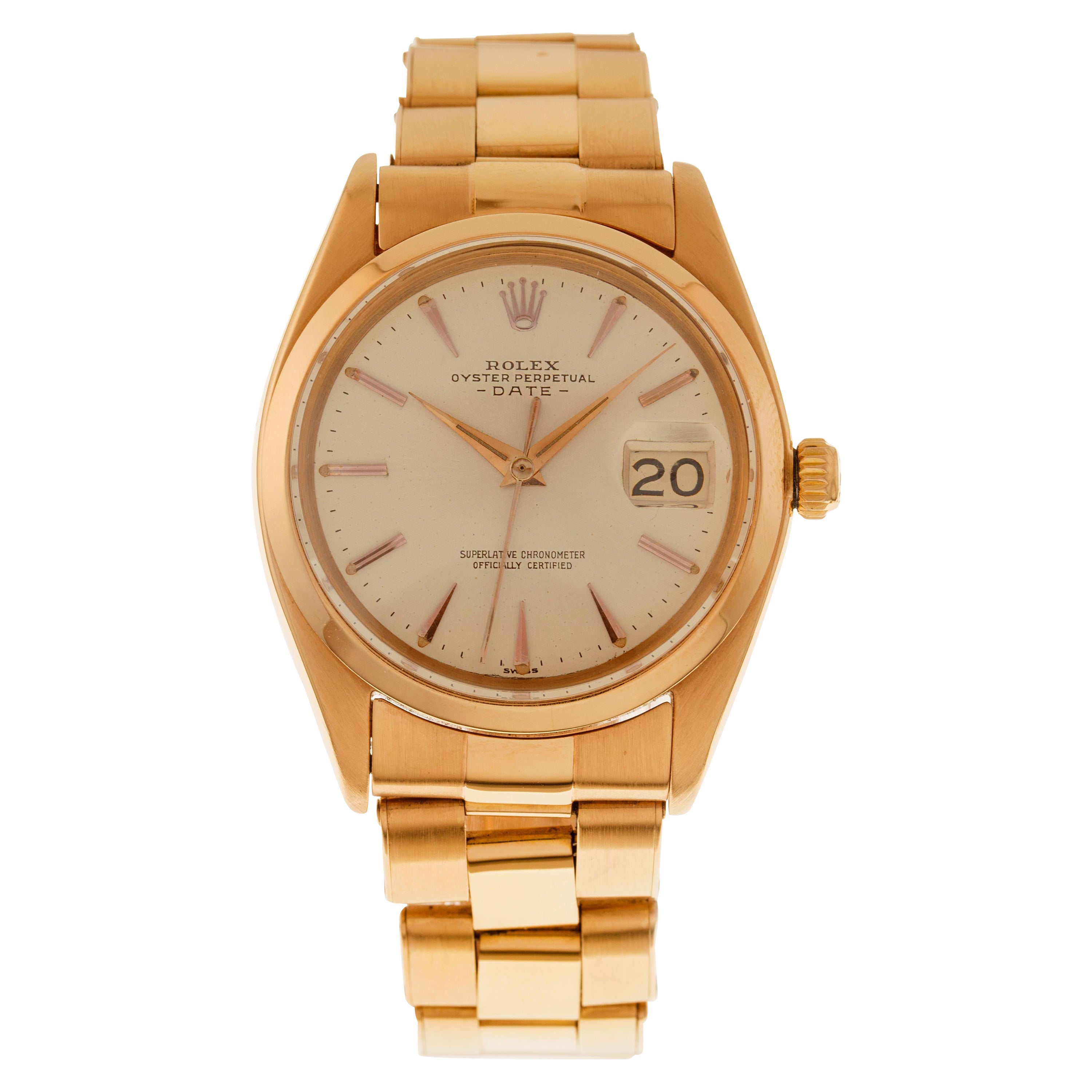 Rolex Watch Oyster Perpetual Date Ref. 1501 18 Carat Rose Gold with Bracelet For Sale