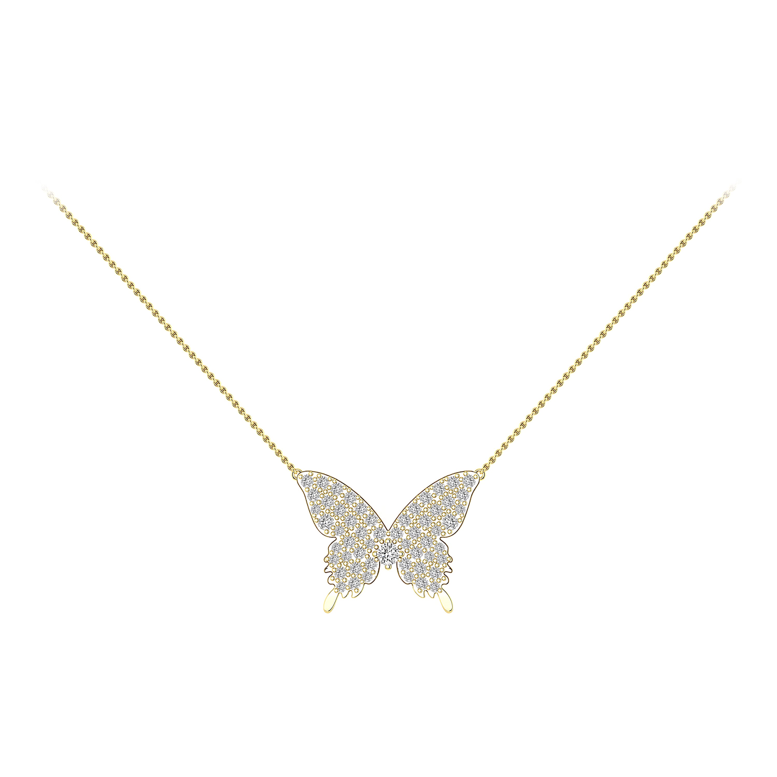 Diamond Butterfly Necklace in 18 Karat Yellow Gold For Sale