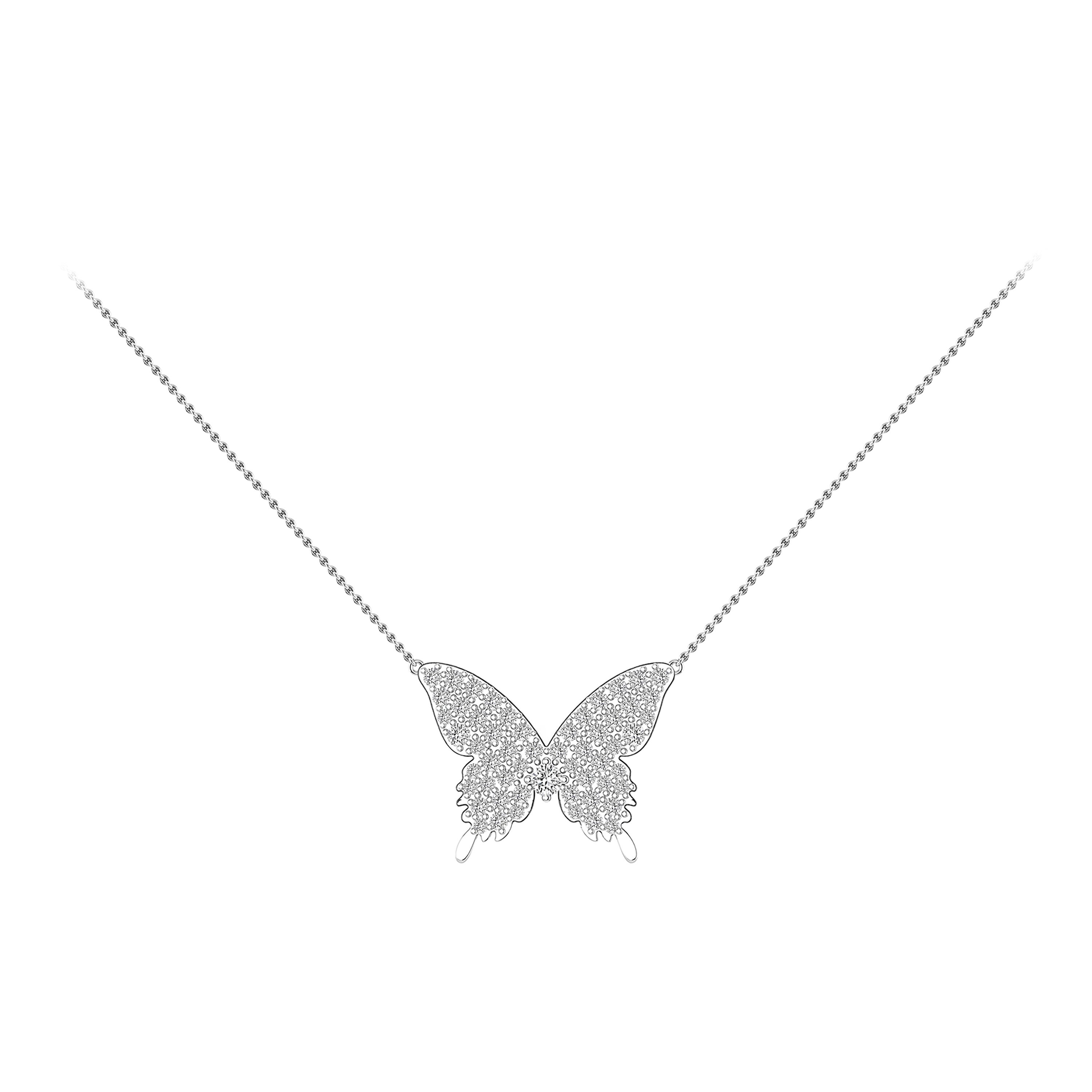 Diamond Butterfly Necklace in 18 Karat White Gold For Sale