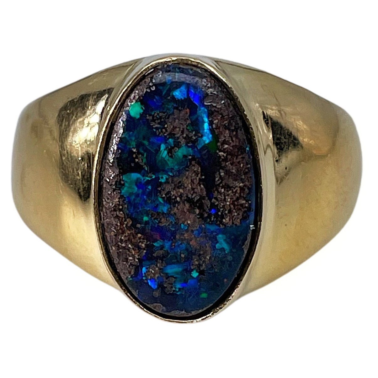 Exceptional Boulder Black Opal 18K Yellow Gold Signet Ring