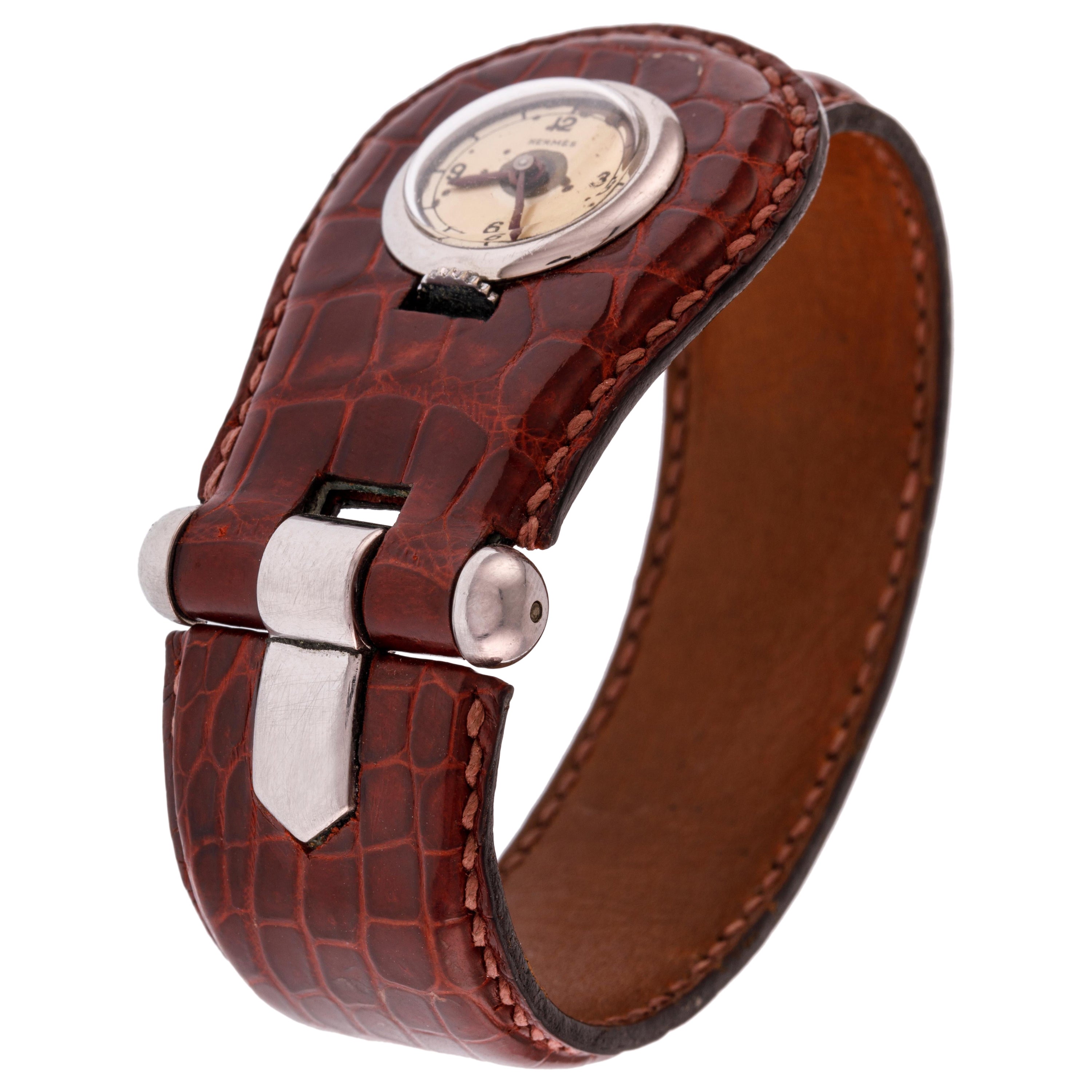 Hermès Pour Le Sport Ladies Wrist Watch in Steel with Crocodile Skin Bracelet For Sale