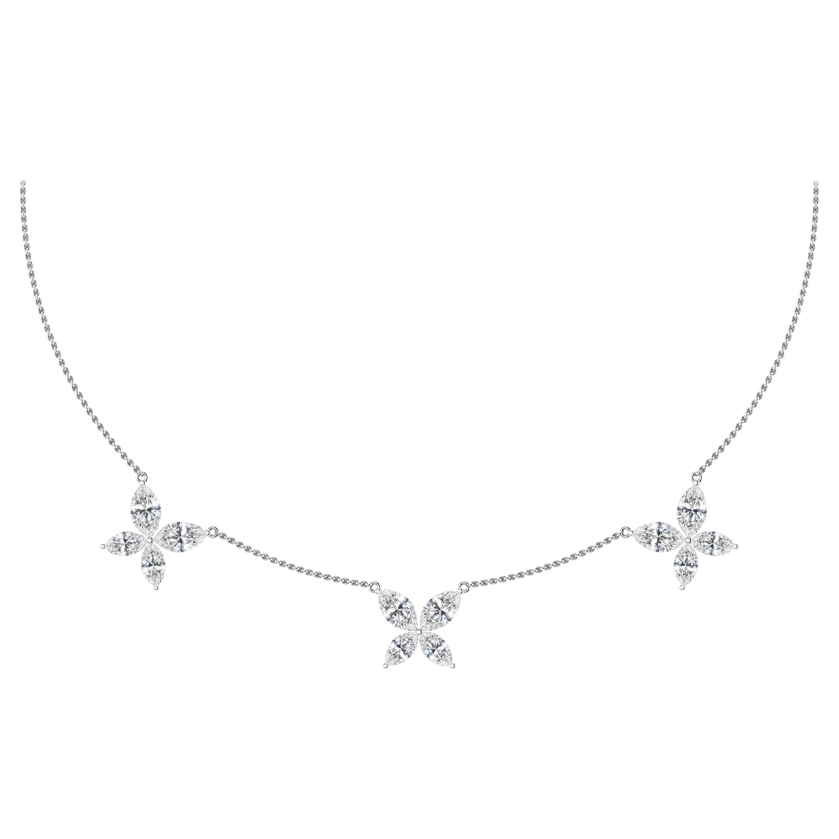 Diamond Three Flower-Butterfly Choker Necklace in 18 Karat White Gold