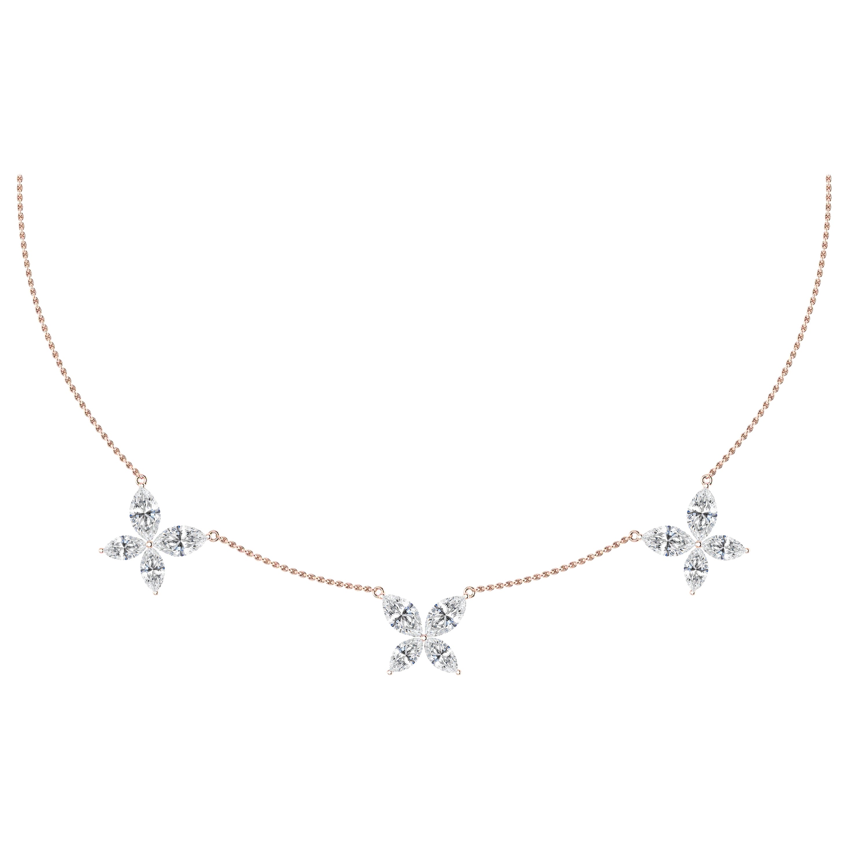 Diamant-Diamant-Drei-Blumen-Schmetterlings-Halskette aus 18 Karat Roségold