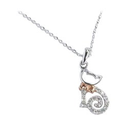 14k White and Rose Gold Diamond Cat Charm Necklace Cute Kitty Pendant Necklace
