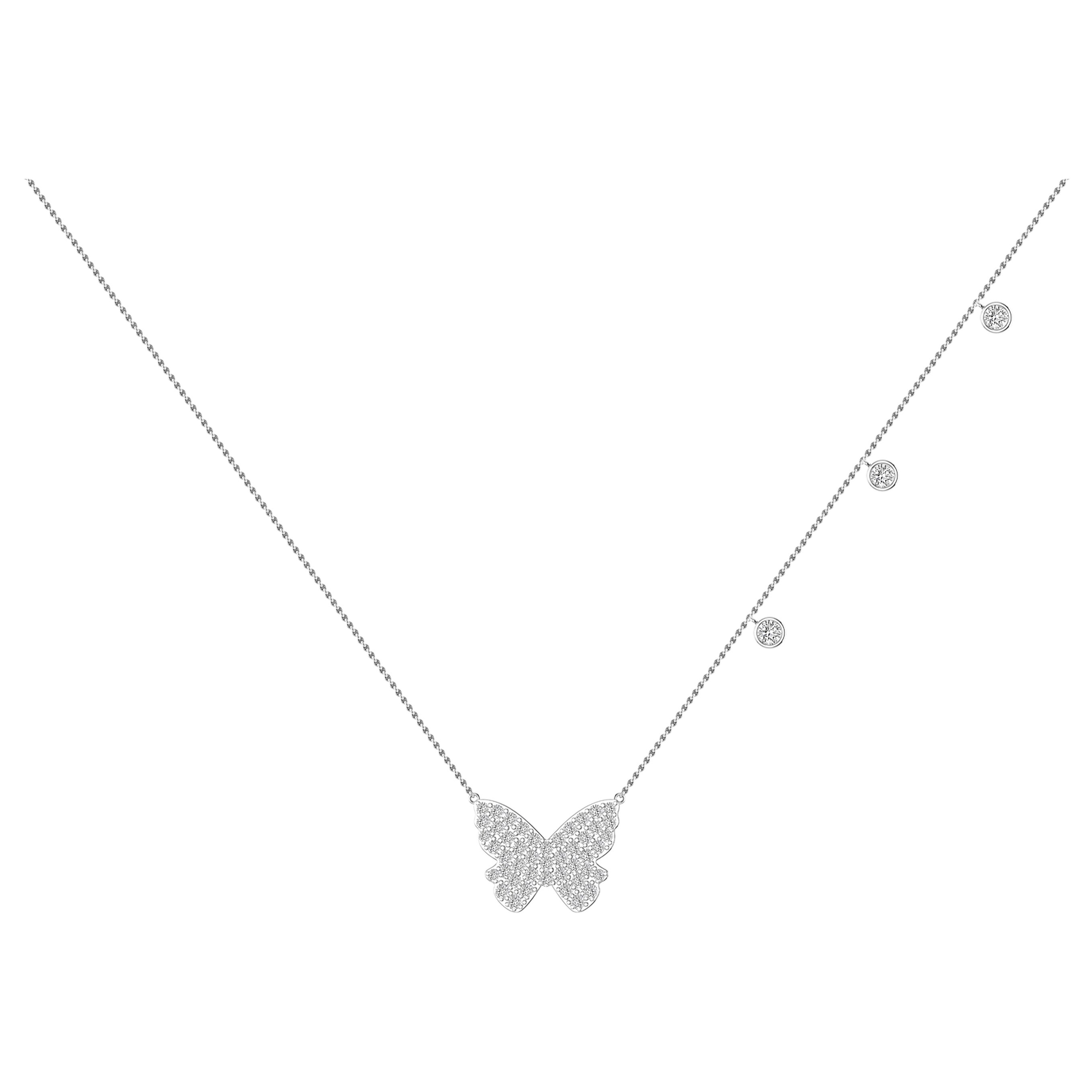 Pave Diamond Butterfly Necklace in 18 Karat White Gold For Sale