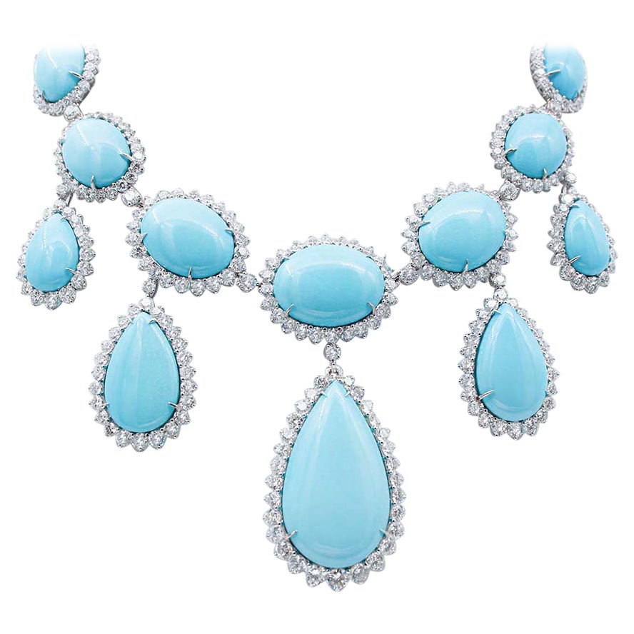 Made in Italy Rare Turquoise Drop Set Necklace, Diamonds, 18kt White Gold