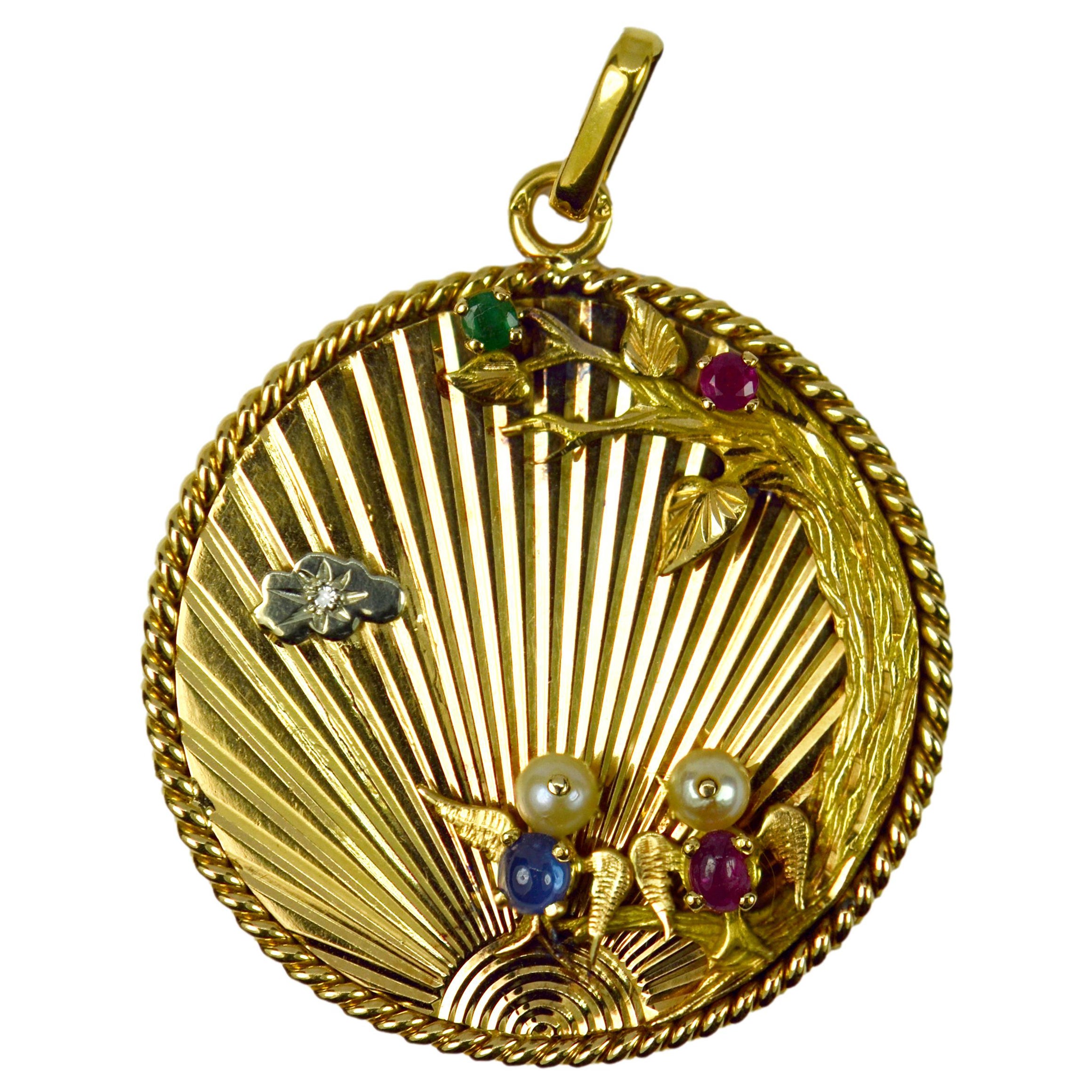 Pendentif français Lovebirds en or jaune 18 carats avec émeraude, rubis, saphir et diamant