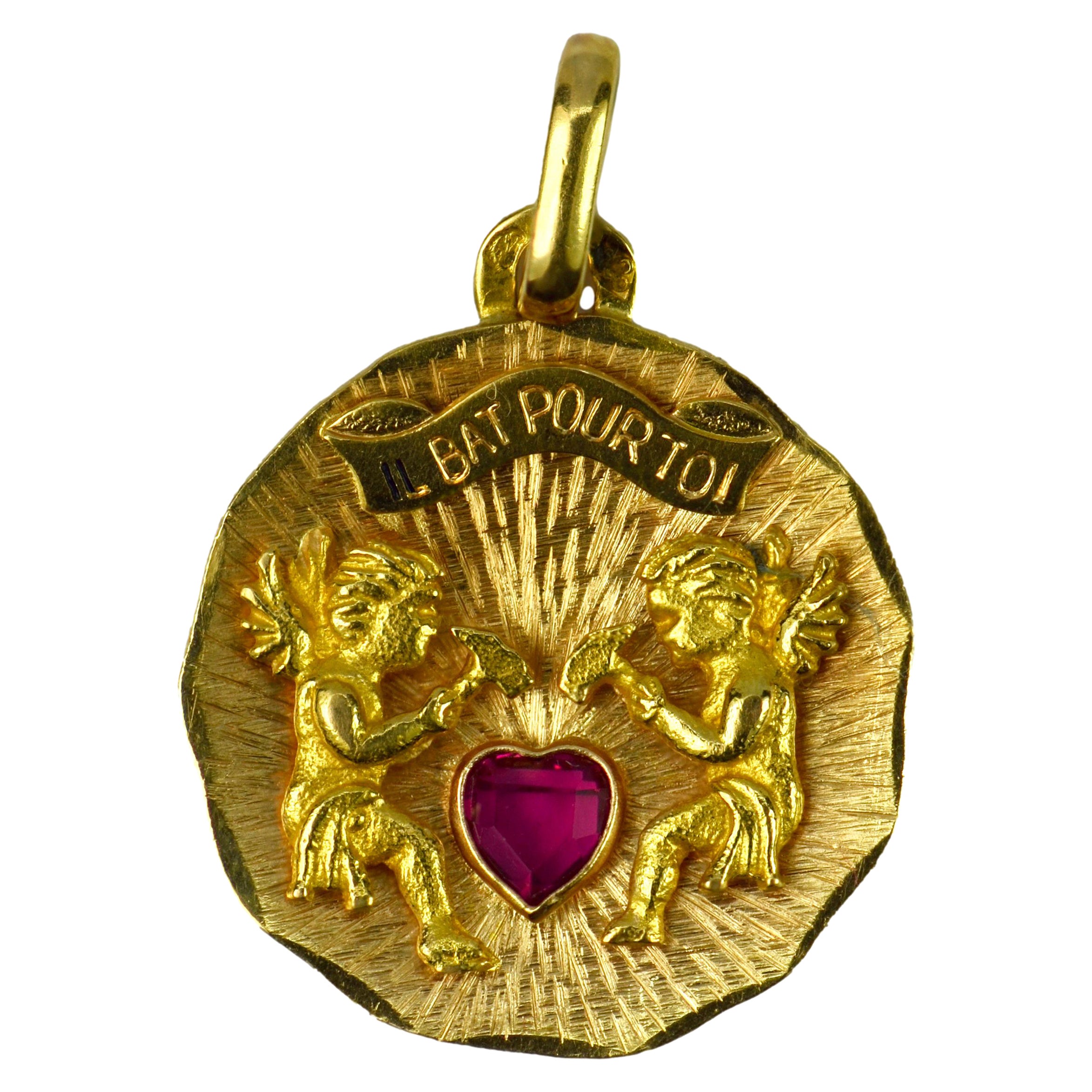 French 18K Yellow Gold Ruby My Heart Beats for You Cupid Love Charm Pendant