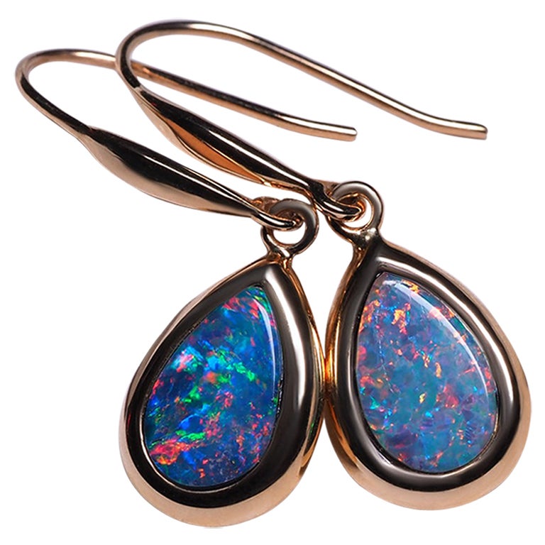 Opal Yellow Gold Earrings Drop Shape Neon Blue Rainbow Doublet Australian Gems