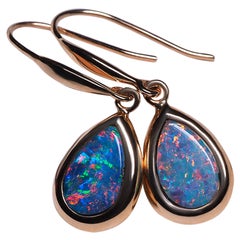 Opal Yellow Gold Earrings Drop Shape Neon Blue Rainbow Doublet Australian Gems