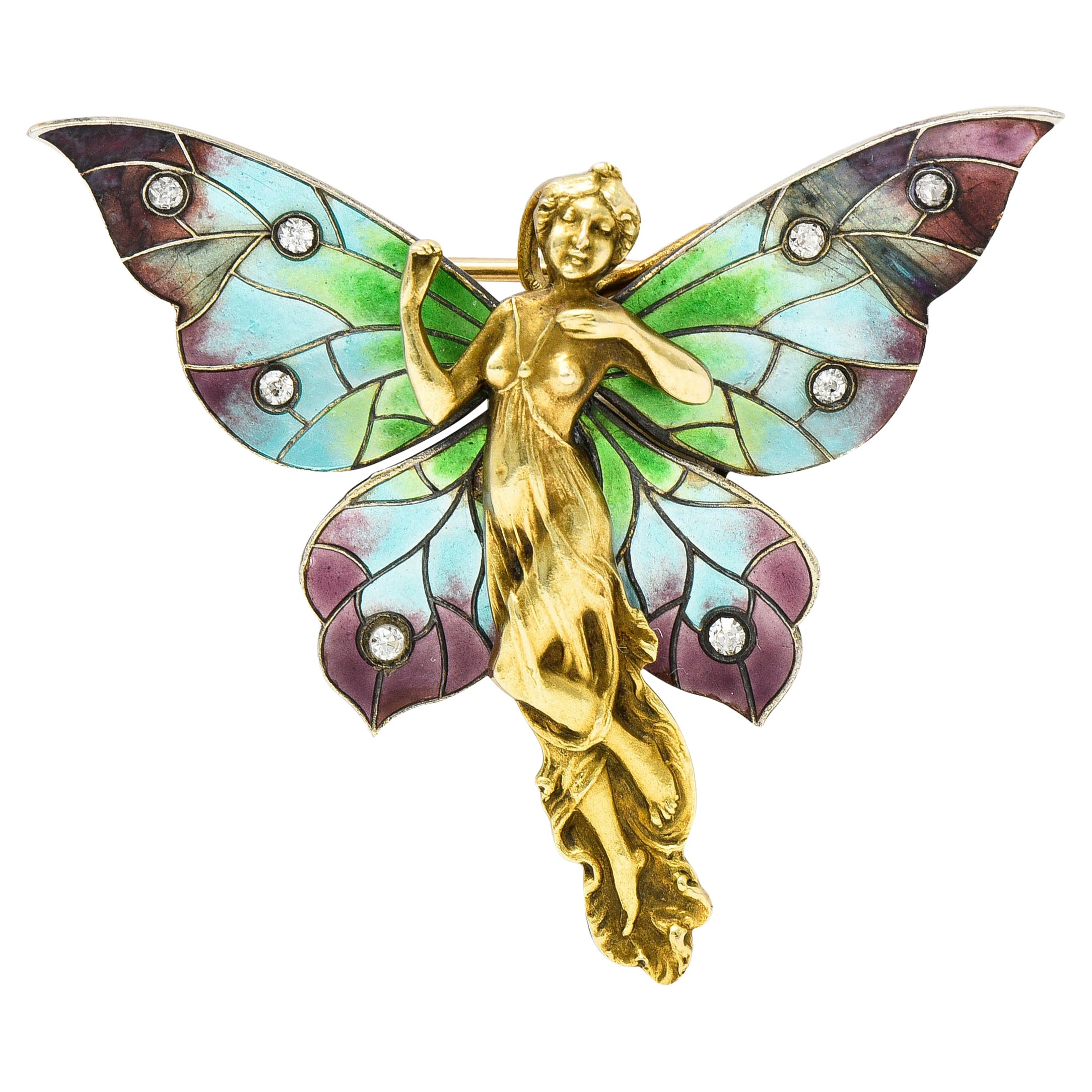 Art Nouveau Diamond Enamel 14 Karat Gold Fairy Brooch, Circa 1900
