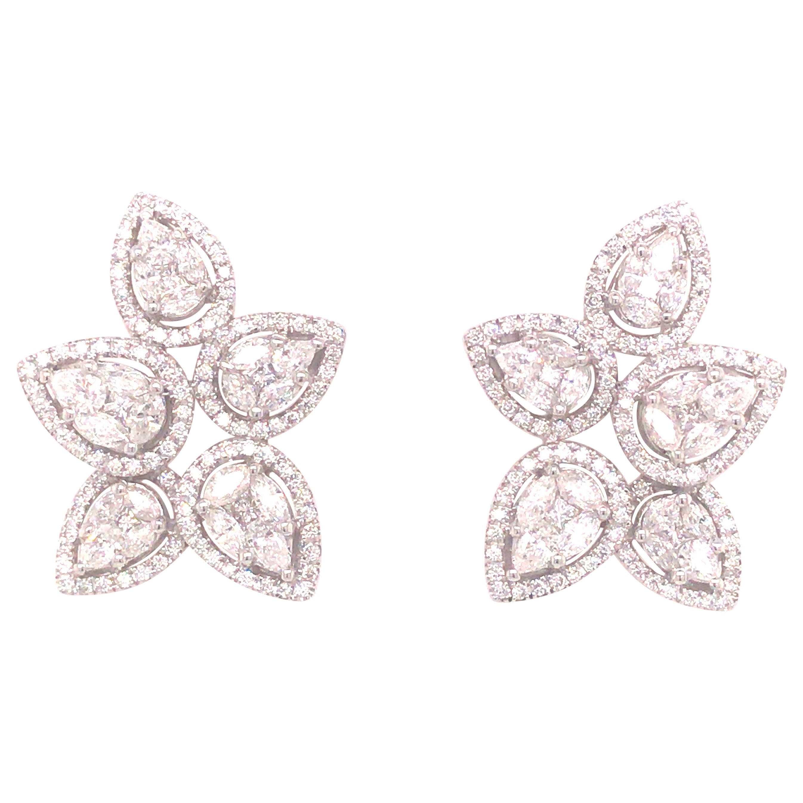18K Diamond Cluster Flower Petal Earrings White Gold