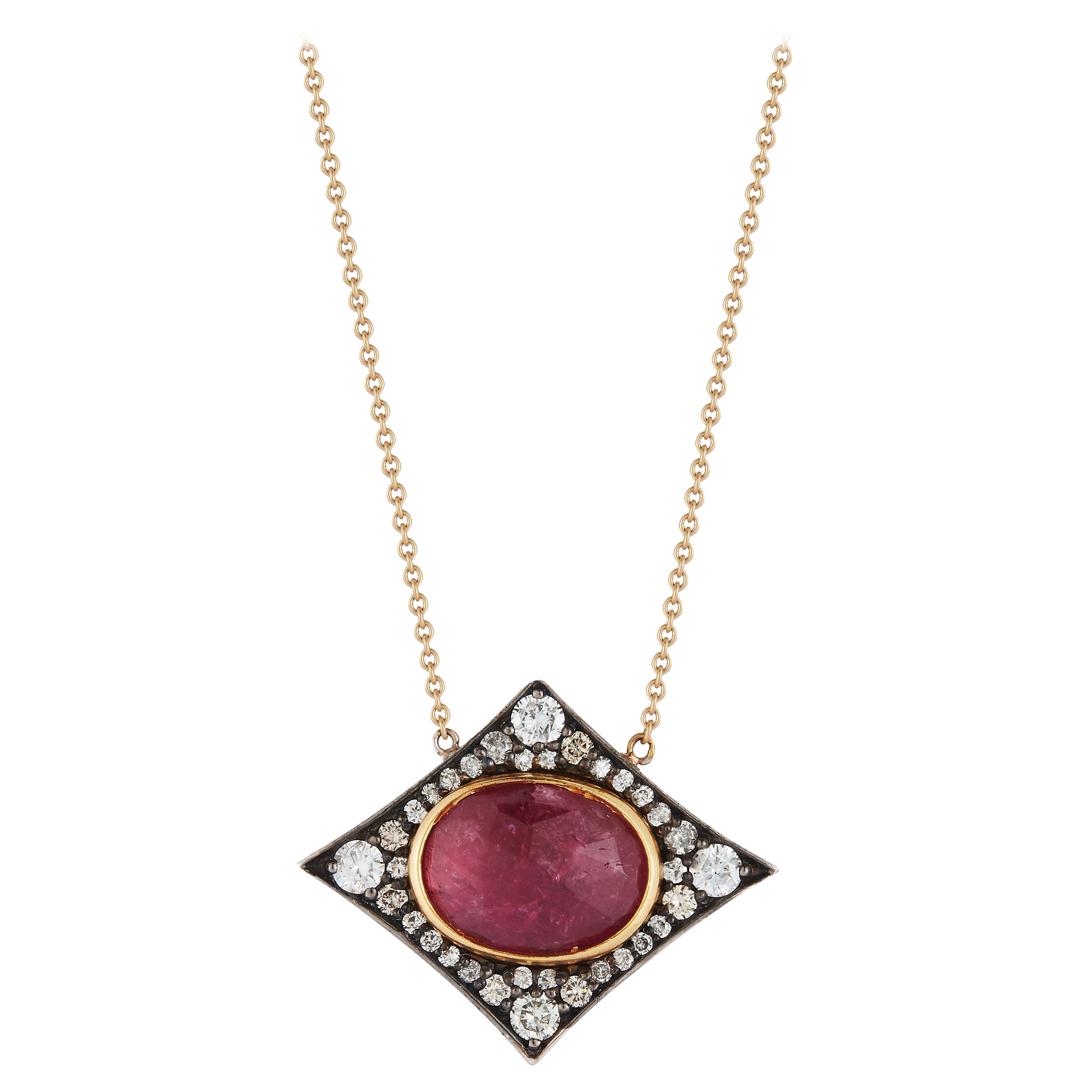 Parulina 18k Yellow Gold and PPink Tourmaline and Diamond Pendant  For Sale