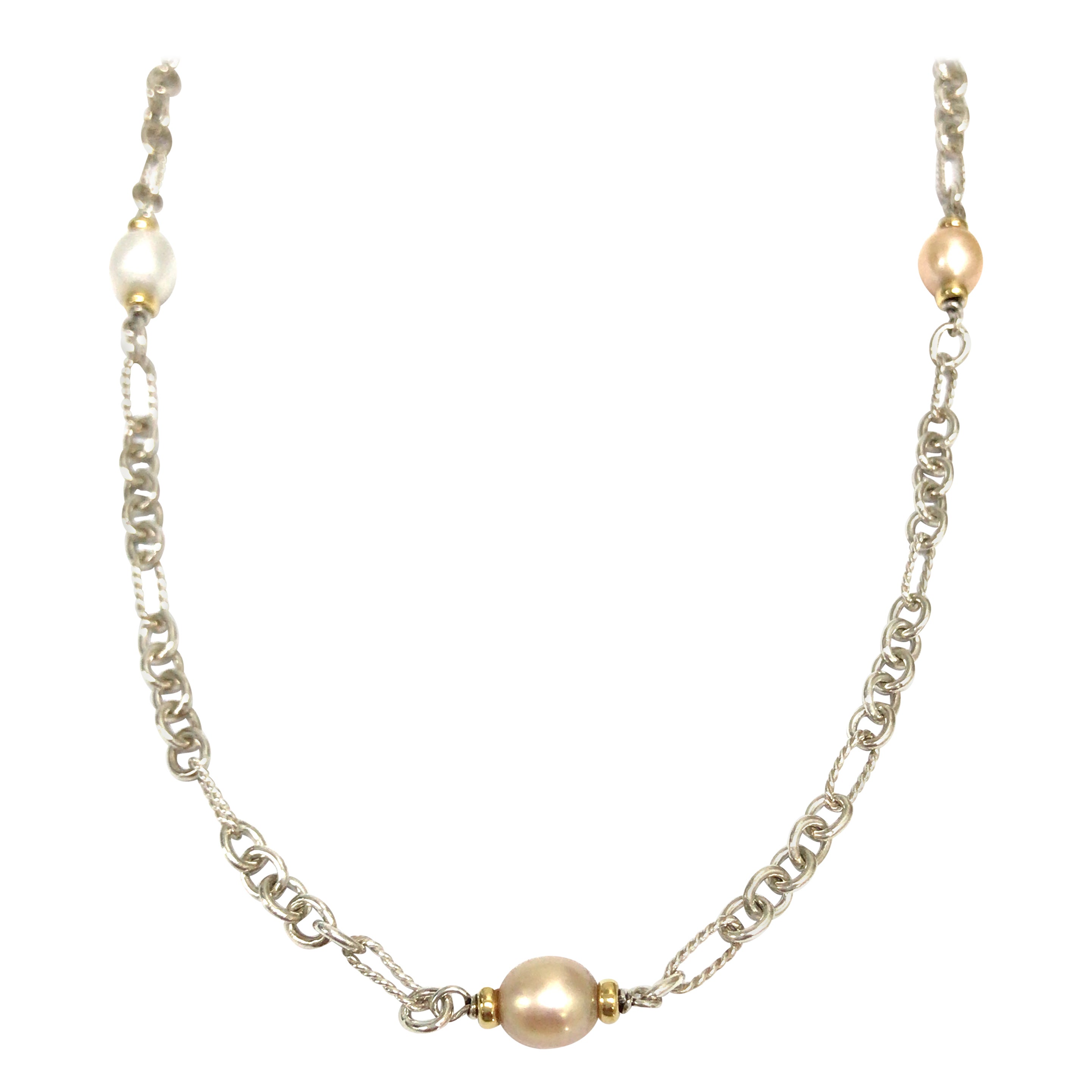 David Yurman Link Pearl Necklace in 18K Yellow Gold and Silver For Sale