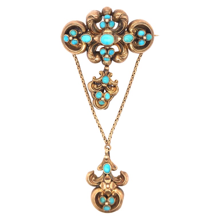 21K Victorian Turquoise Mourning Pin Yellow Gold For Sale