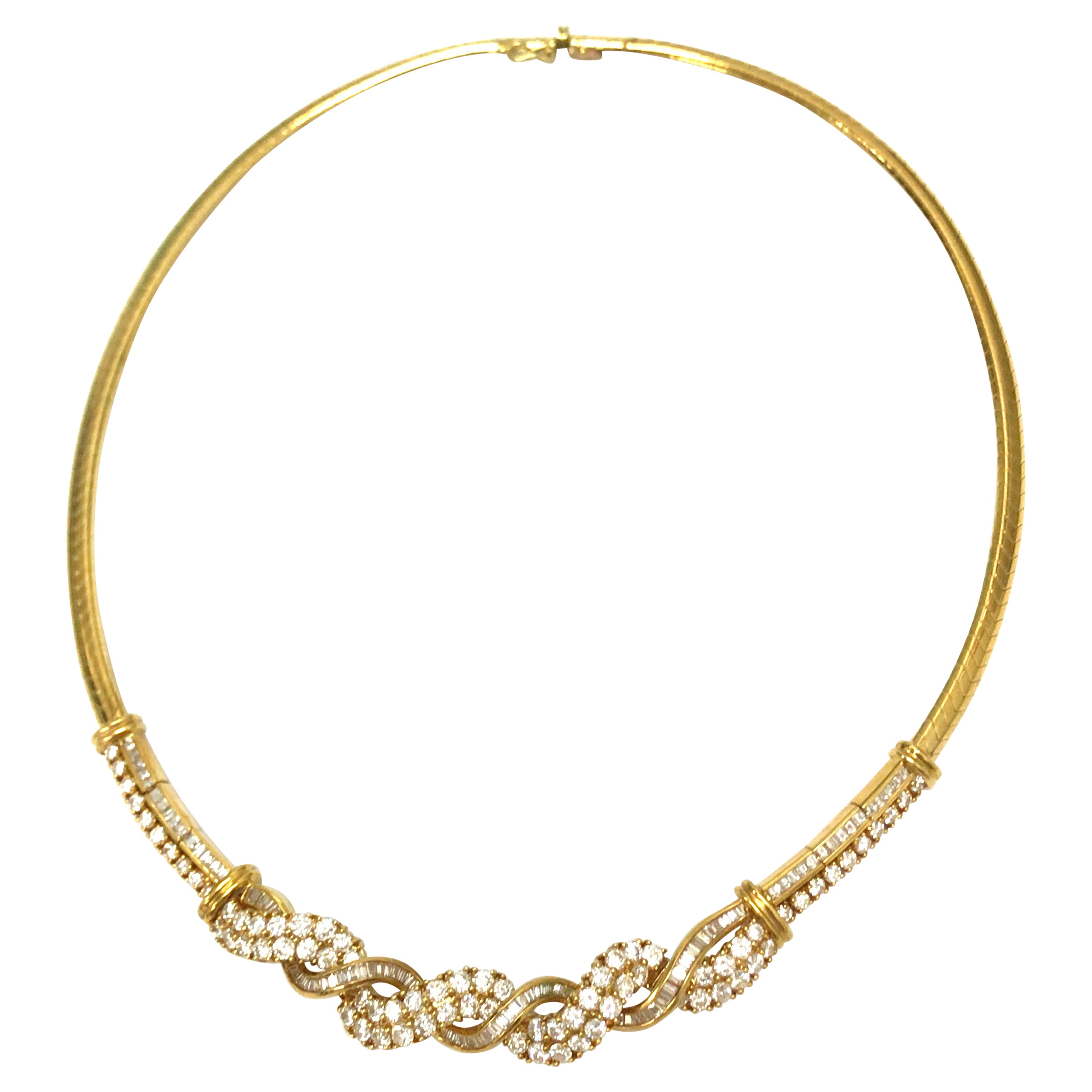 18K Round and Baguette Diamond Twist Necklace Yellow Gold
