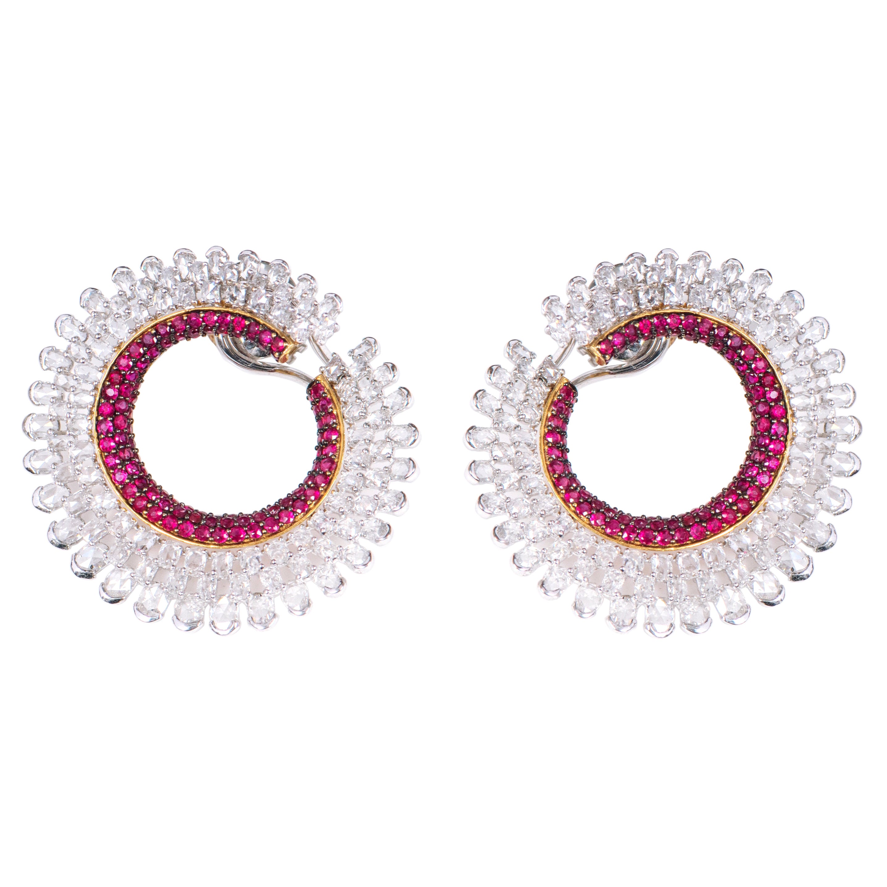 18 Karat White Gold 8.11 Carat Diamond and Ruby Cocktail Stud Hoop Earrings For Sale