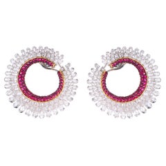 Clous d'oreilles cocktail en or blanc 18 carats avec diamants de 8,11 carats et rubis