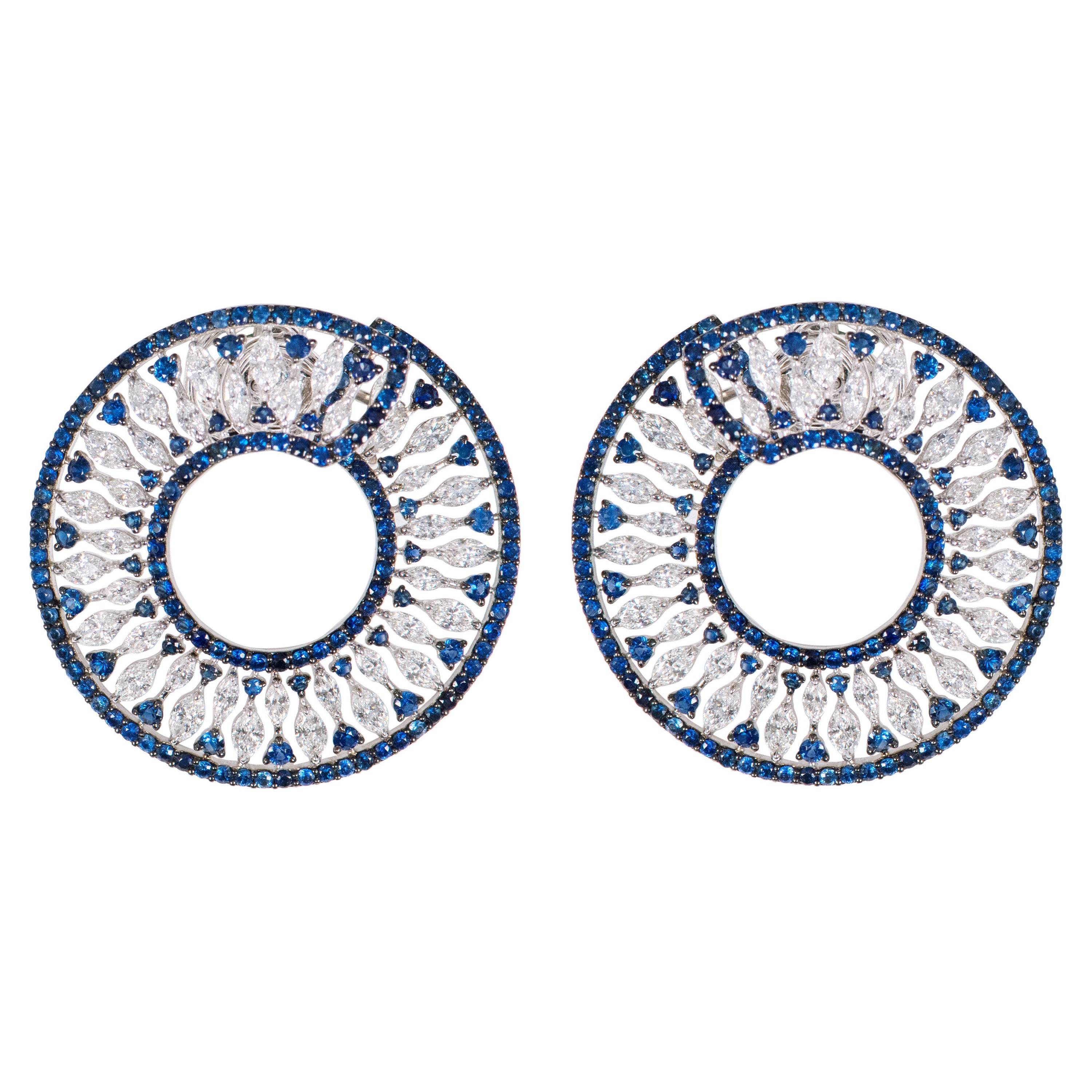 18 Karat White Gold 9.15 Carat Sapphire and Diamond Cocktail Stud Hoop Earrings For Sale