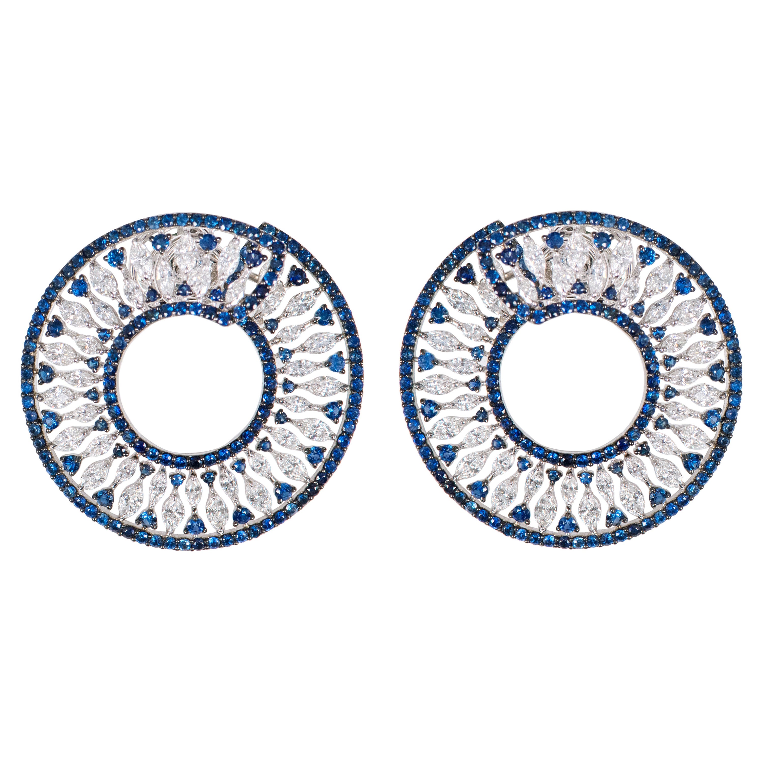 18 Karat White Gold 9.15 Carat Sapphire and Diamond Cocktail Stud Hoop Earrings