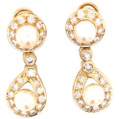 18K Round Diamond and Pearl Drop Earring Yellow Gold