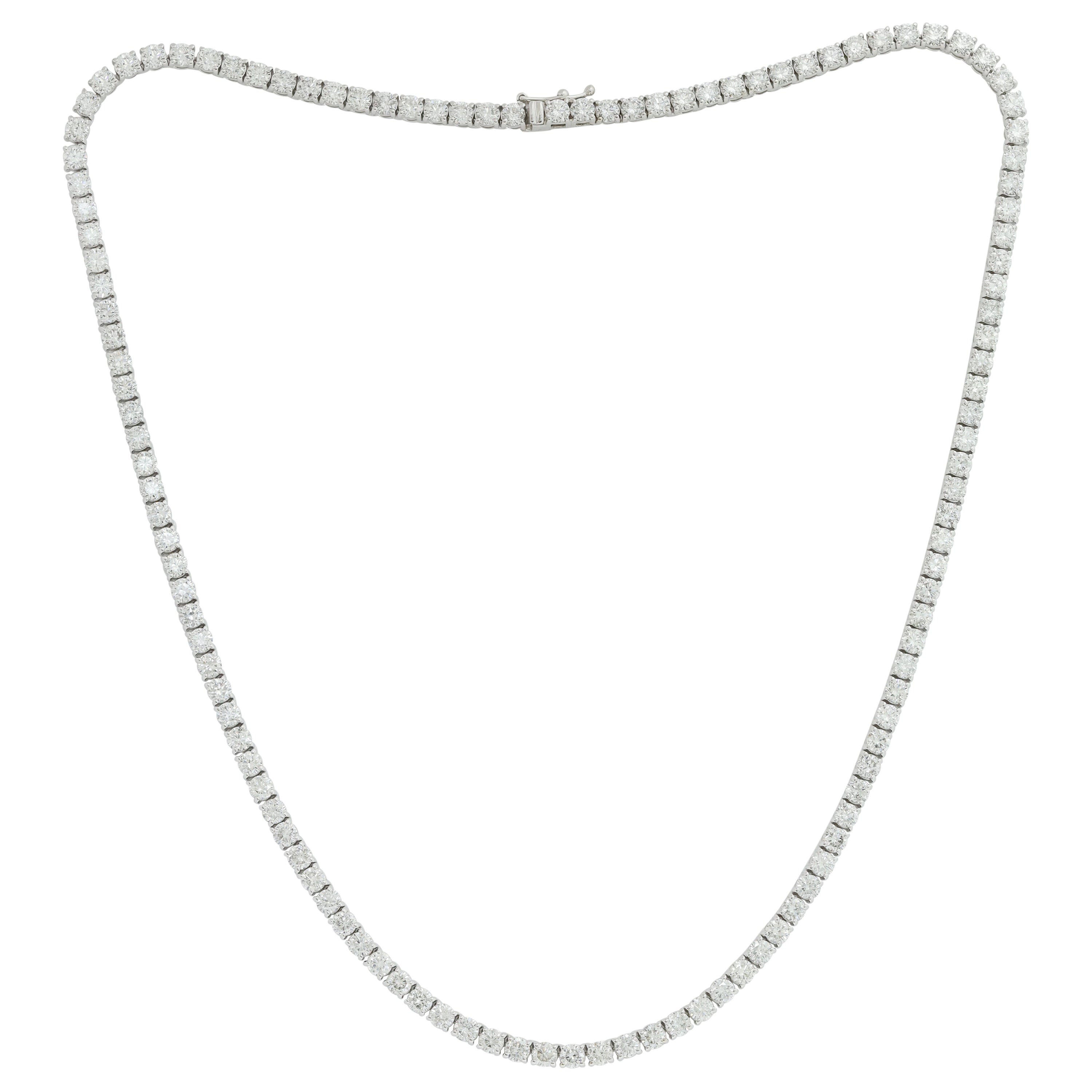 14K White Gold Diamond Straight Line Tennis Necklace, 13.00 Carats 