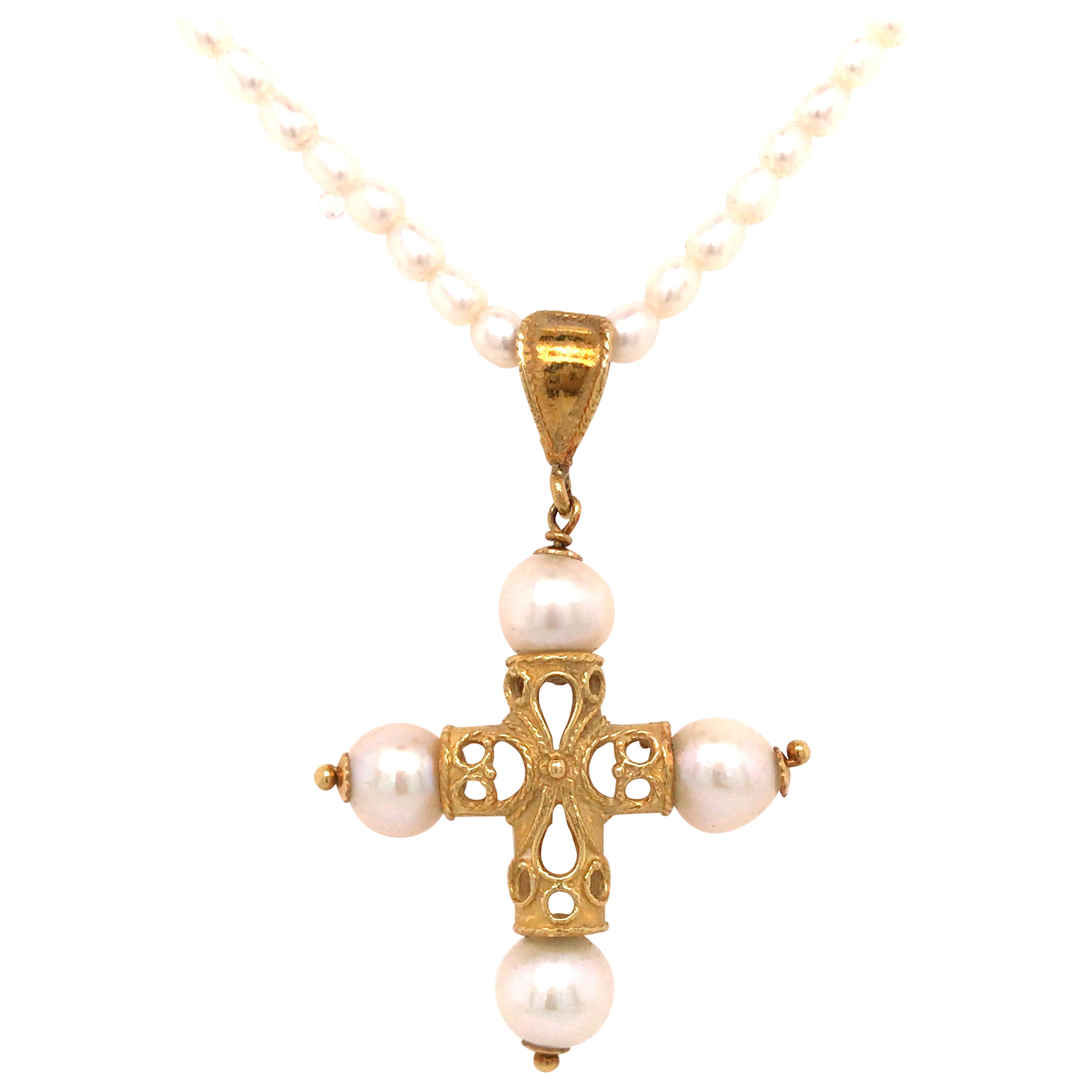 18K Vintage Yellow Gold and Freshwater Pearl Cross Necklace