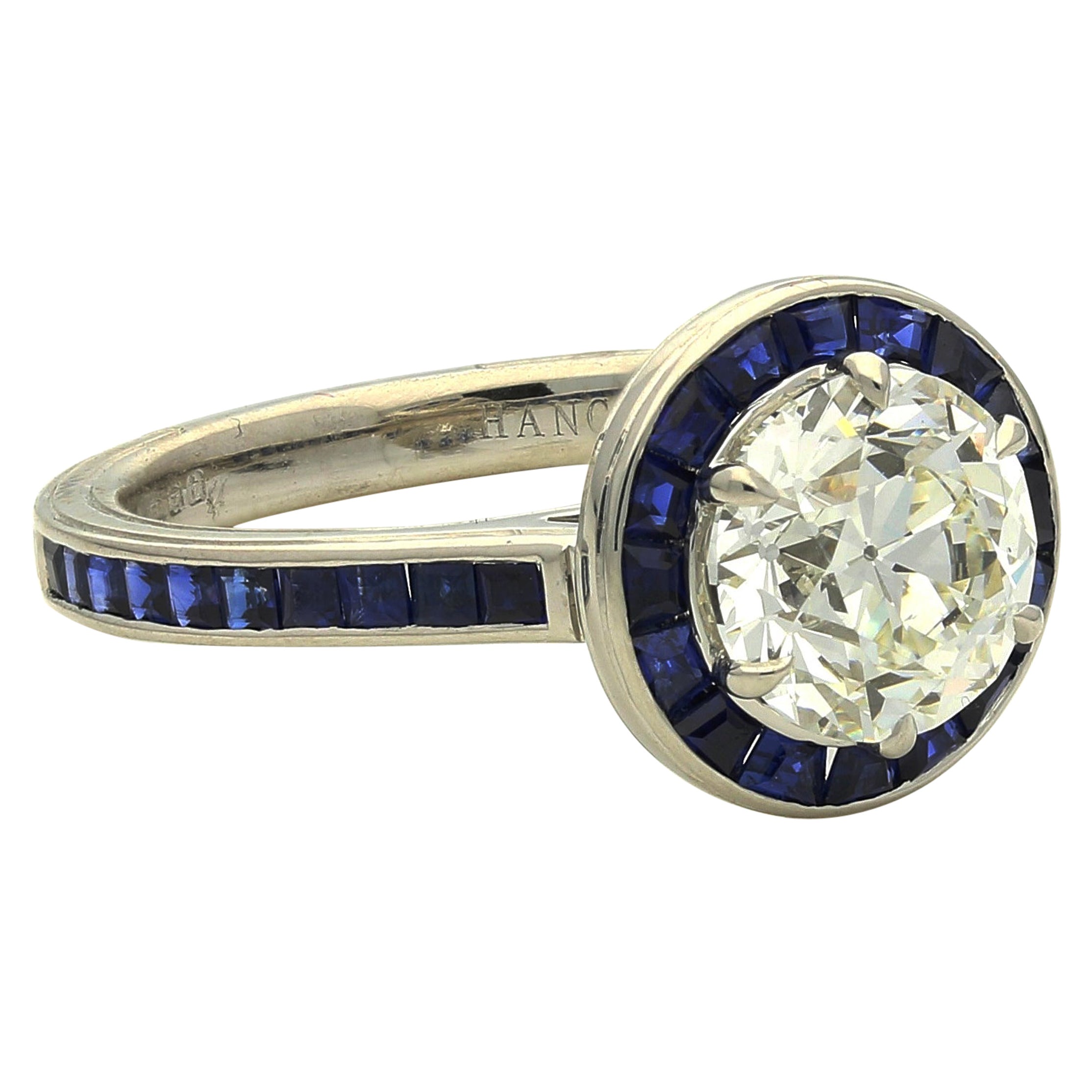 Hancocks Contemporary 2.02ct Old Cut Diamond Calibre Cut Sapphire Halo Ring For Sale