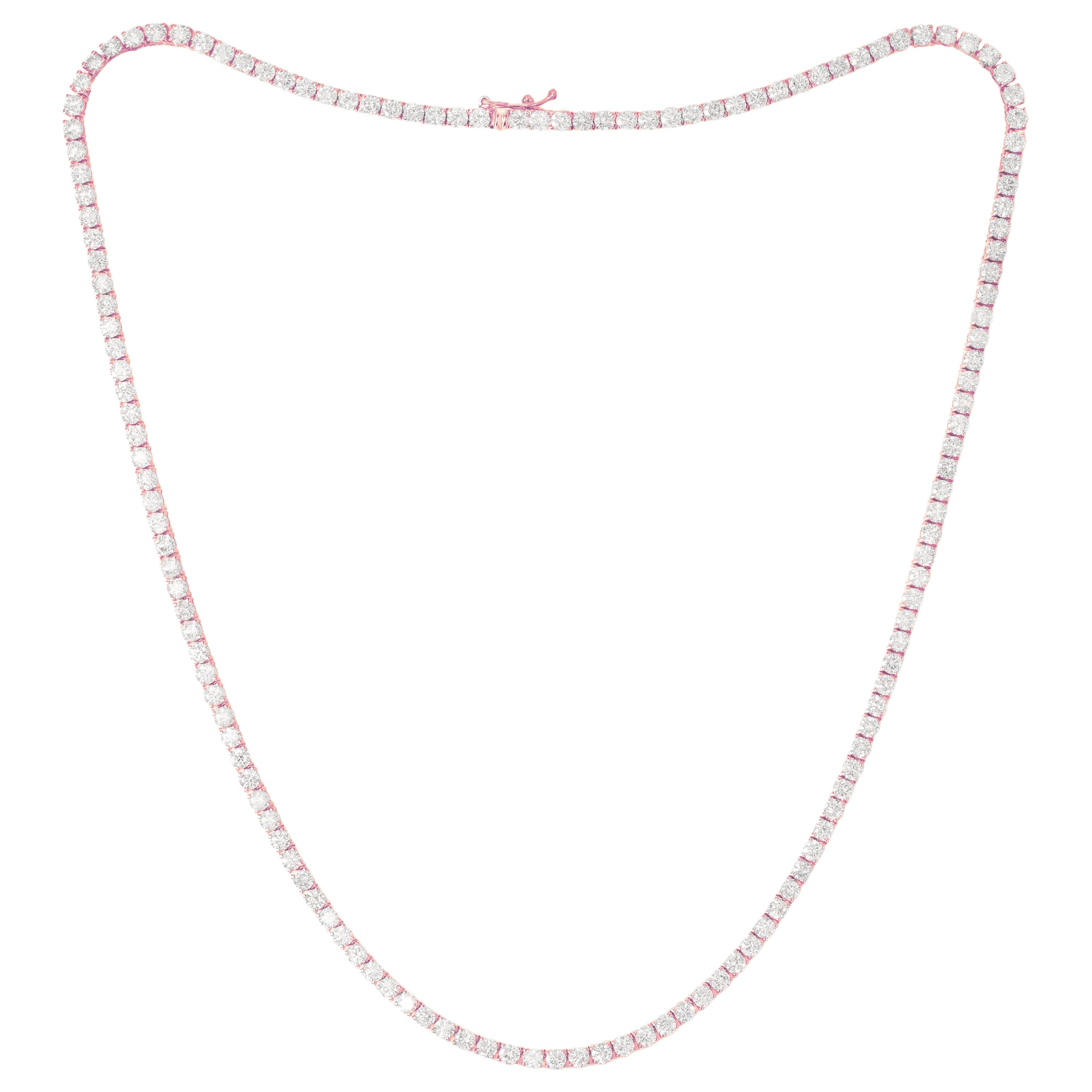 14K Rose Gold Diamond Straight Line Tennis Necklace, 13.10 Carats  For Sale
