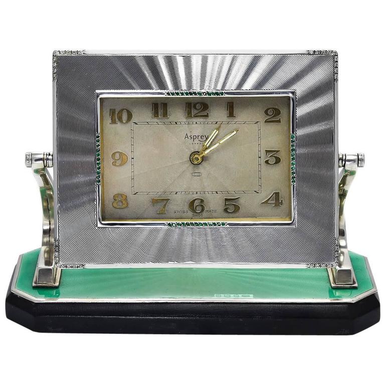 Asprey Art Deco Enamel Emerald Diamond Silver Desk Clock at 1stdibs