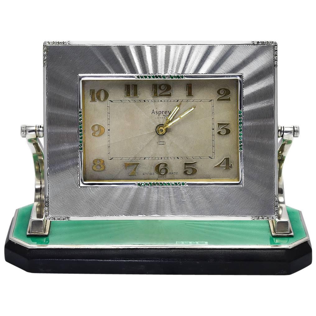 Asprey Art Deco Enamel Emerald Diamond Silver Desk Clock
