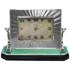 Antique Asprey Art Deco Enamel Emerald Diamond Silver Desk Clock