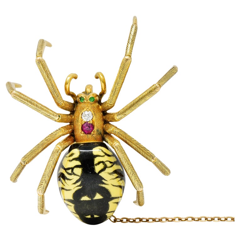 A 14K Gold Spider Brooch Topped With Ivory Colored Guilloche Set