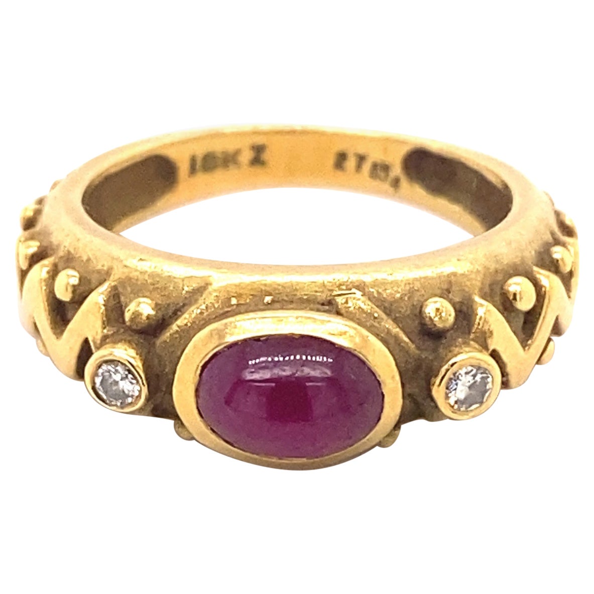 Vintage Cabochon Ruby Diamonds 18K Yellow Gold Ring